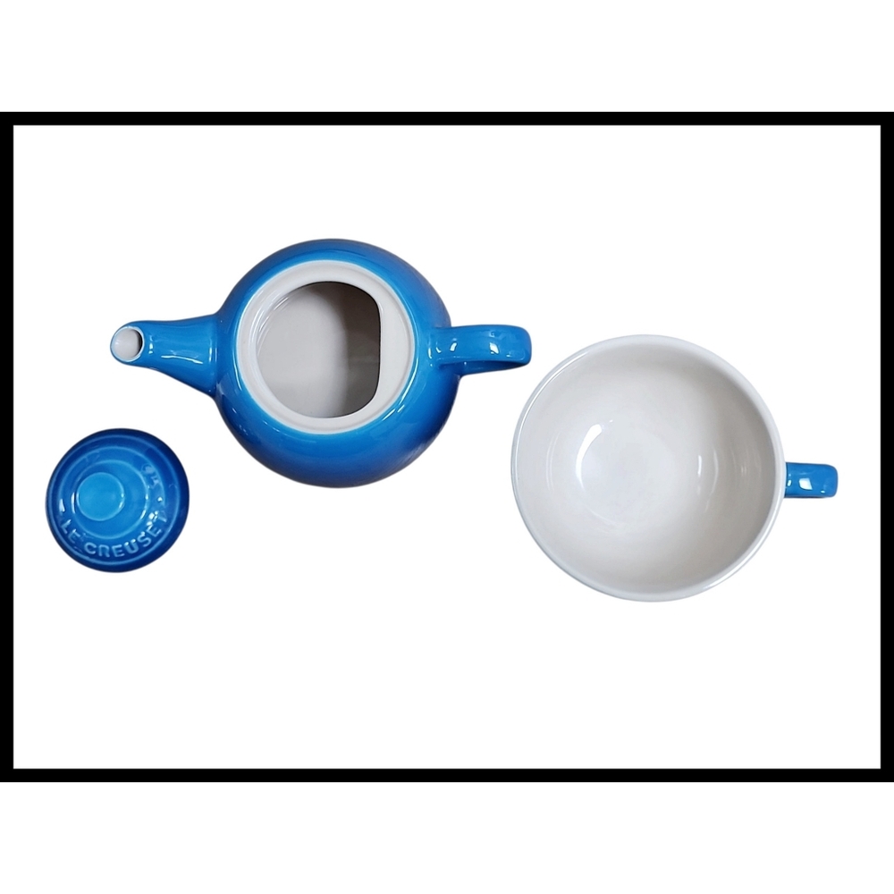 LE CREUSET 3 Piece Tea For One Teapot Cup Lid Set 10oz Stoneware Marseille Blue - Picture 6 of 10